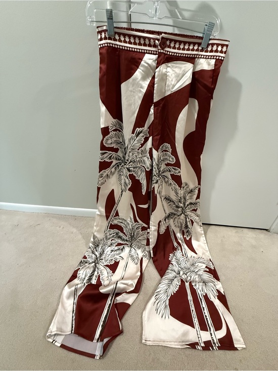 Her Bottari Pants - Wide Leg Tropical Print Satin Pants in Brown & Cream